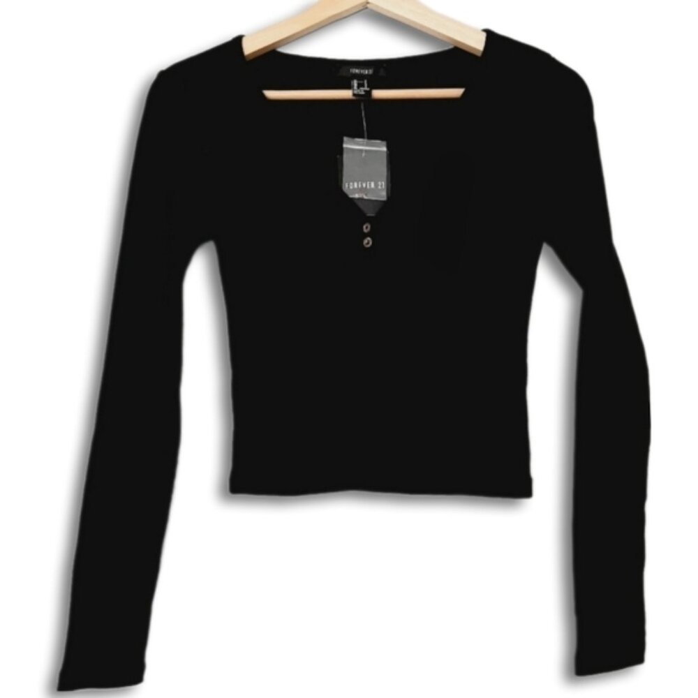 FOREVER 21 Crop Top V-Neck Long Sleeve Tee Black Sz S